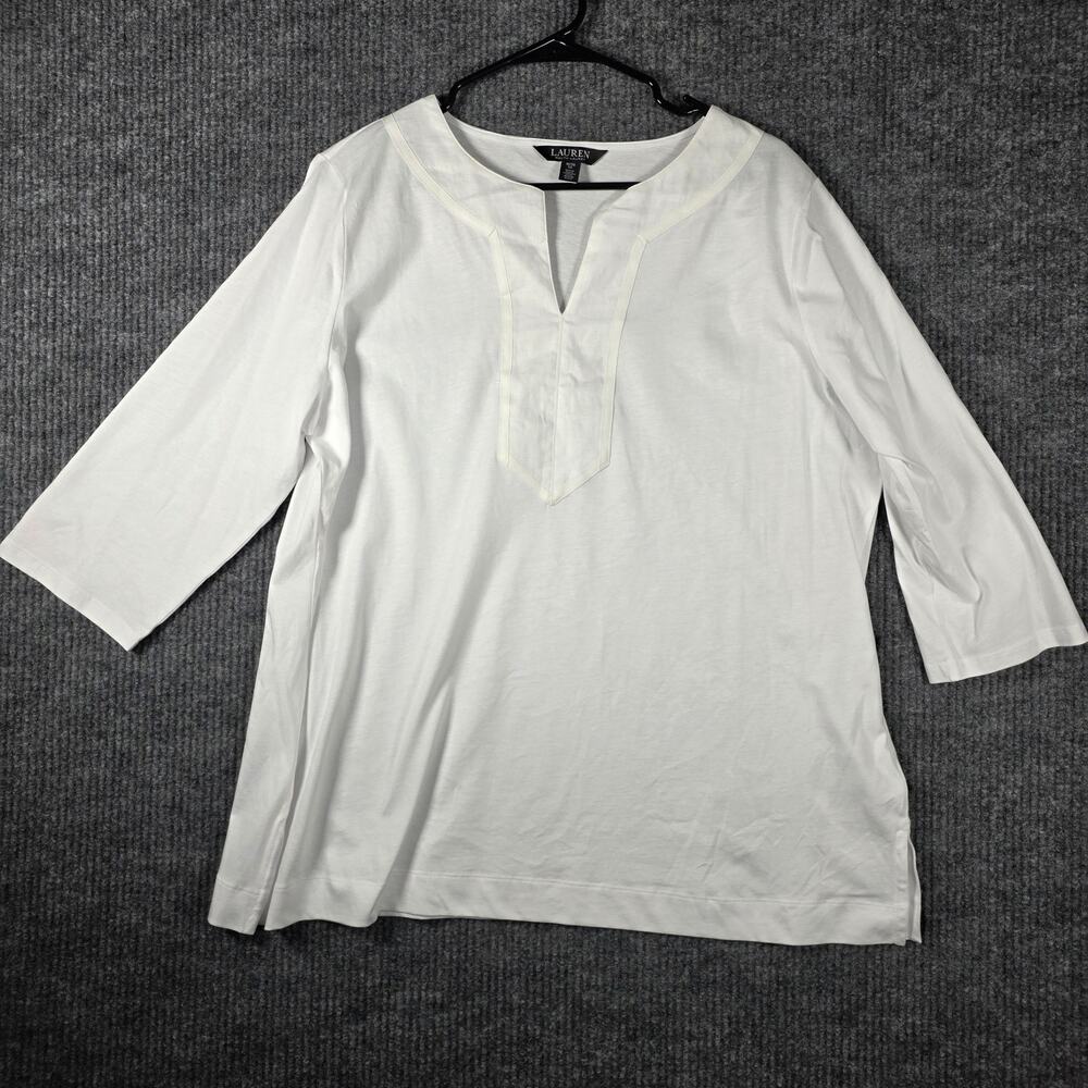 Lauren Ralph Lauren Womens 1X White Split Neck 3/4 Sleeve Tunic Top